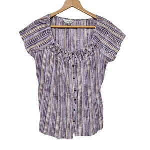 Womens Artsy Beaded Blouse Size M Purple Striped Boho Fairy Lightweight